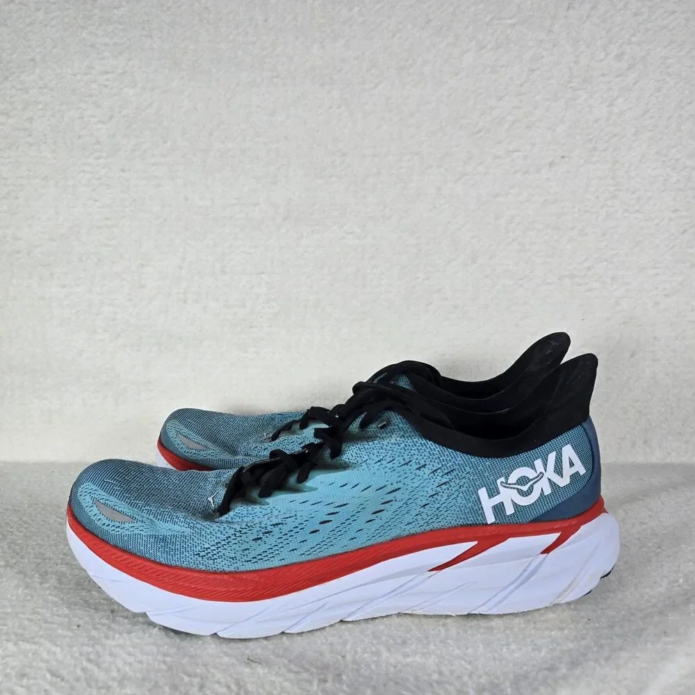 Hoka One Clifton Mens Size 12.5 D Blue Red Athletic Running Shoes Sneakers